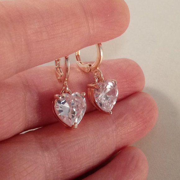 Rose Gold Filled Heart Diamond Zircon Dangle Earrings 10mm Women's Party Gift - Picture 3 of 5